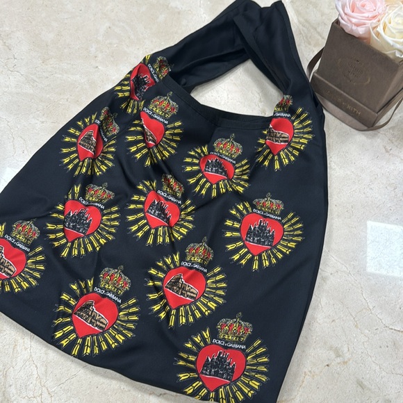 DOLCE & GABBANA SILK GRAPHIC LOGO PRINT TOTE BAG FULLY LINED DOUBLE TOP HANDLE - Picture 5 of 9